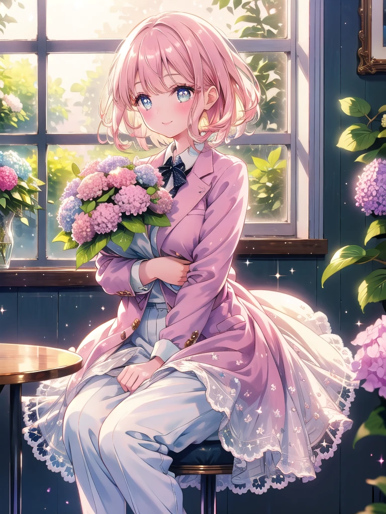 ((8k, Highest quality, masterpiece: 1.3)),Ultra-high resolution,(1 girl, alone), (Color changing eyes, Ultra-detailed, Expressive brilliance, Glitter, Glowing Eyes), Highly detailed eyes, Highly detailed face, Random Hair, ((pastel colour))Depict a woman in a chic café with large windows that let in ample natural light. She is seated at a table by the window, holding a delicate bouquet of pale pink peonies and hydrangeas wrapped in white lace. She has short, straight chestnut hair and is dressed in a modern, smart-casual outfit: a navy blazer over a white blouse with tailored pants. She looks directly at the camera with a warm, thoughtful smile, as if she’s about to present the bouquet to a dear friend across the table. The café is elegantly decorated with vintage-inspired furniture, potted plants, and soft, warm lighting, creating a cozy and sophisticated environment, with gentle bokeh effects around the window to add depth.