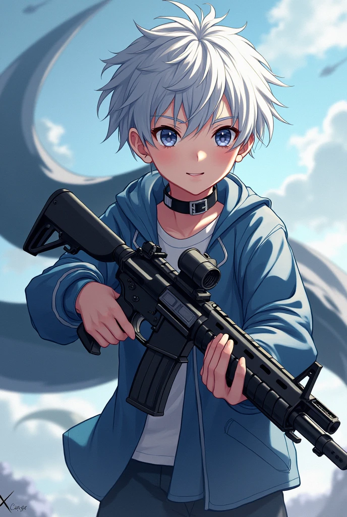 、Assault rifle、youth、Controlling the Wind、anime、Silver Hair、1、Height: 170cm、Fashionable clothes、neutral、Shota、cool、Beloved character、Fearless smile、AI feels thin、Copic