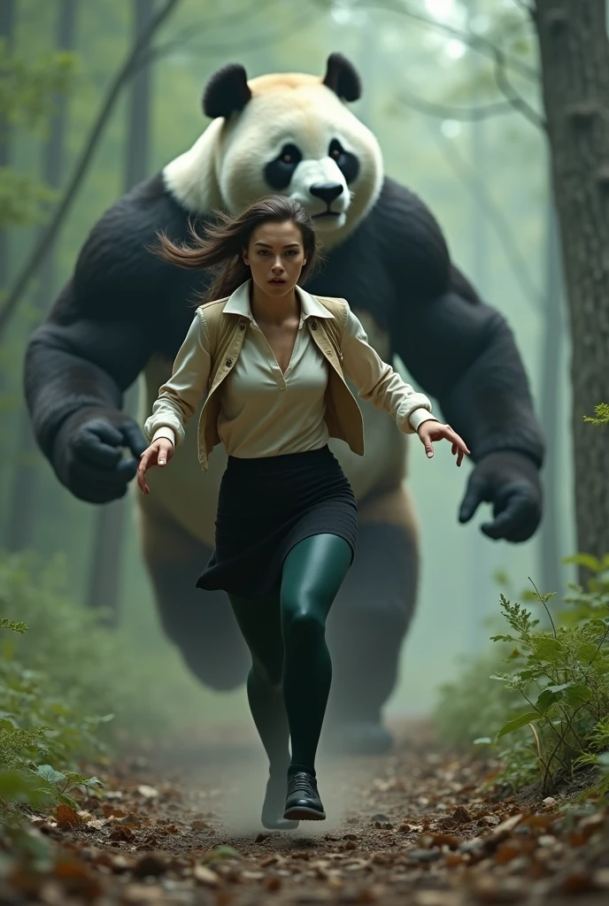 ((Highest quality)), ((Gray female pigeon)),  ((Giant panda holds up a refrigerator with both hands)), (Angry Giant Panda), A giant panda chases after you, Gray female pigeonが全力で走って巨大パンダから逃げている, Gray female pigeonがオフホワイトで襟付きの半そでシャツに薄茶色のベストを着てひざ丈の黒いスカートに濃い緑の靴下と黒の靴を履いている, 筋肉質なGray female pigeon, The background is a grassy forest, ((horror movie posters)), Photorealistic images,