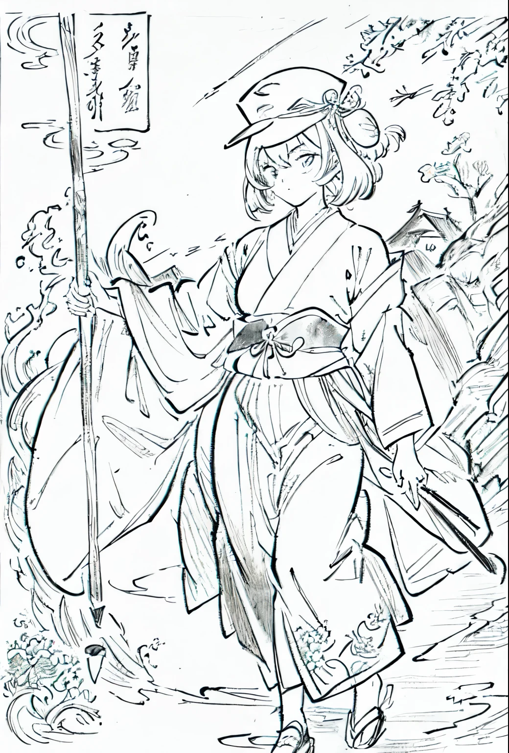 A painting of a costumed woman holding a hat and a walking stick, pencil and Ink Manga, by Junpei Sato, By Yuki Ogura, Beautiful line art, Pencil and ink cartoon, Masamune Shirowのスタイル, Masamune Shirow, Ink Manga, By Hideyuki Kikuchi, Very detailed fan art