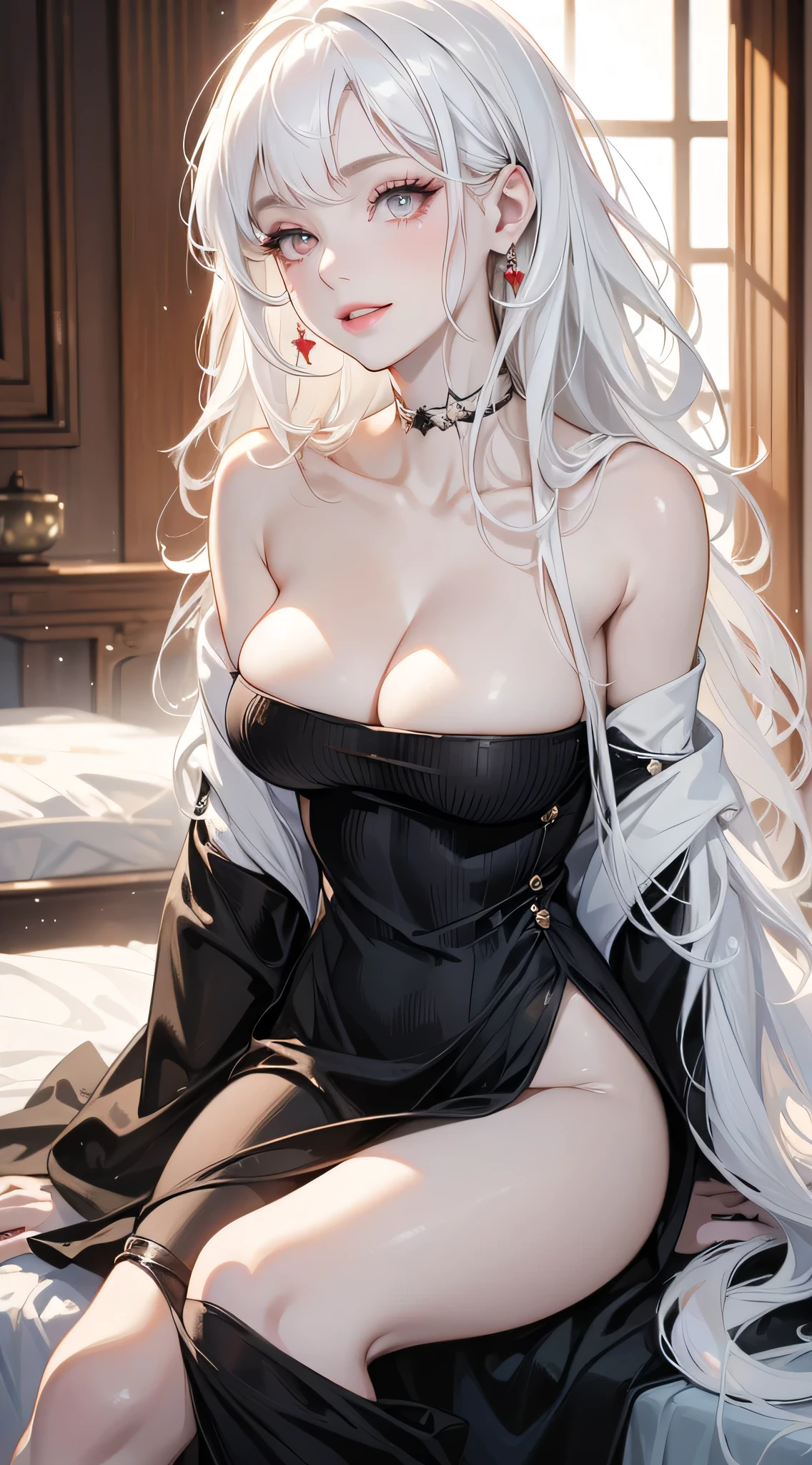 (((masterpiece, best quality, high resolution)))), Extremely detailed 8K, curvy, abs, (Ultra HD, Ultra-detailed, Highly detailed, Highly realistic, Ultra-realistic, photograph realistic), (1girl:1.5), (solo:1.4) cute, (white hair:1.5), (pale skin:1.5) long wavy hair, red eyes, smile, parted lips, (medium breasts: 1.2), curvy, nsfw, leaning forward, bedroom, upper body, offshoulder sweater,