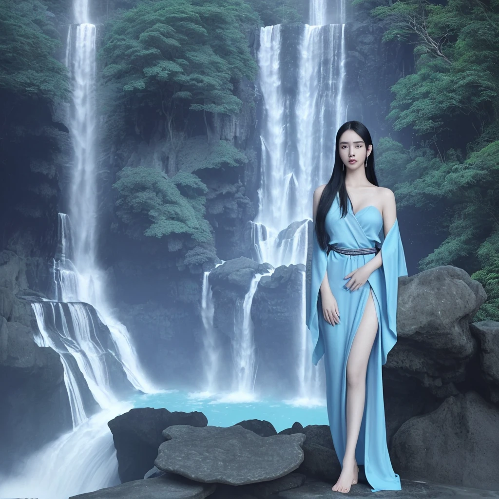 a woman standing in front of a waterfall, kpop star, flowing robes, instagram model, panoramic view of girl, mayan style, she has pale blue skin!!!, her hand is on her waist, her face flushing and sweat, wearing gorgeous clothing, smartphone photo, event, uncropped
