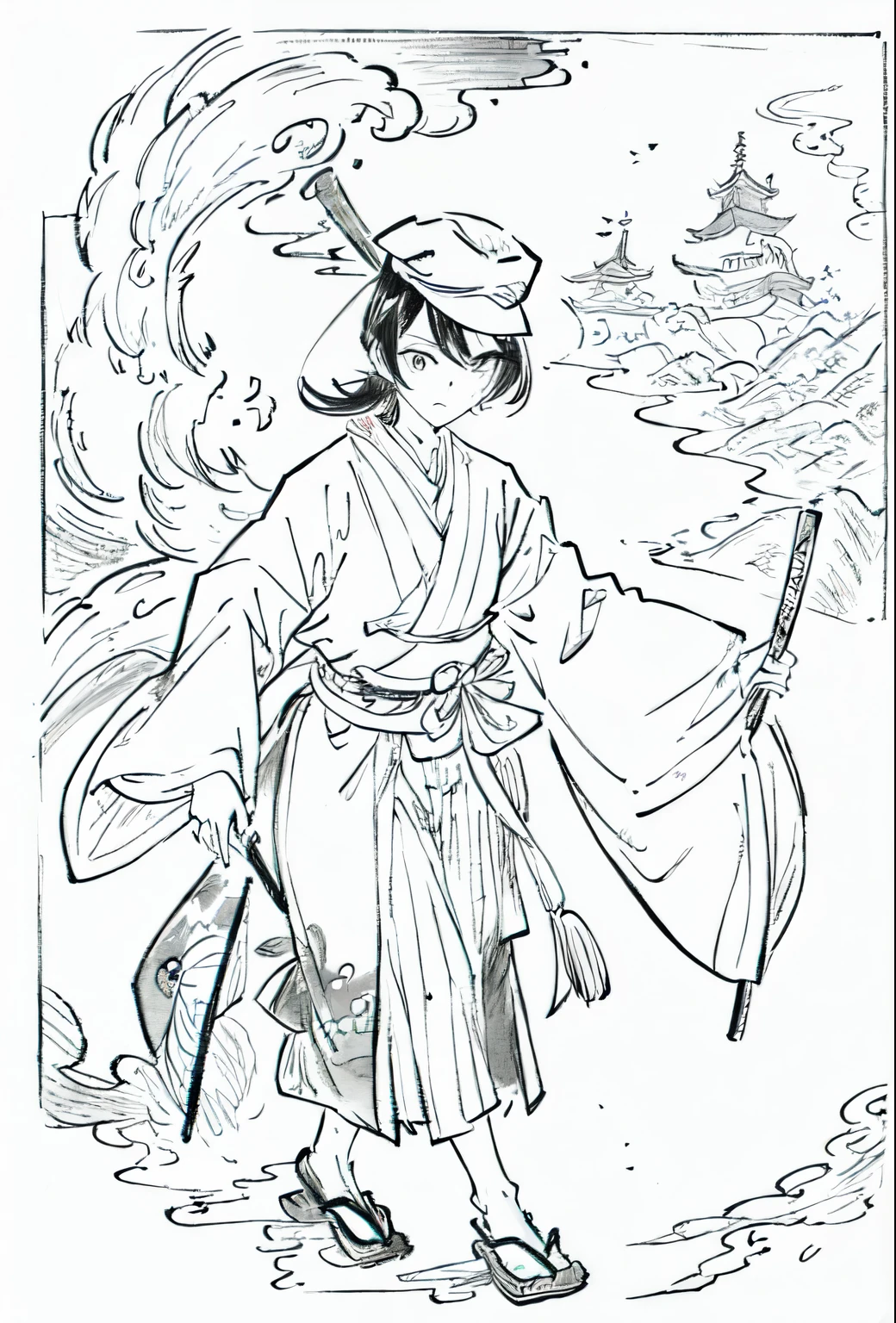 A painting of a costumed woman holding a hat and a walking stick, pencil and Ink Manga, by Junpei Sato, By Yuki Ogura, Beautiful line art, Pencil and ink cartoon, Masamune Shirowのスタイル, Masamune Shirow, Ink Manga, By Hideyuki Kikuchi, Very detailed fan art