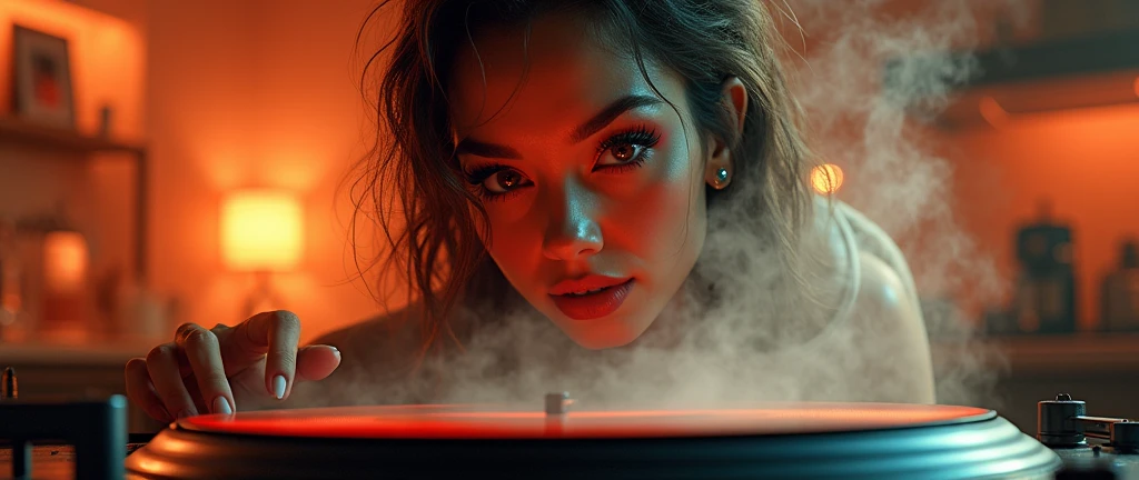 a female DJ making cooking gestures with a frying pan on a turntable on a stove, beautiful detailed eyes, beautiful detailed lips, extremely detailed eye and face, long eyelashes, painting-like, oil painting-like, 8k, high qualiy, hyper realist, details Intricate, swirly vibrant colors, dramatic lighting, film composition, dynamic pose, steaming frying pan, kitchen stove, modern kitchen interior, warm color tones, photorrealistic