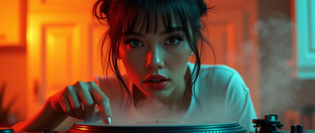 a female DJ making cooking gestures with a frying pan on a turntable on a stove, beautiful detailed eyes, beautiful detailed lips, extremely detailed eye and face, long eyelashes, painting-like, oil painting-like, 8k, high qualiy, hyper realist, details Intricate, swirly vibrant colors, dramatic lighting, film composition, dynamic pose, steaming frying pan, kitchen stove, modern kitchen interior, warm color tones, photorrealistic