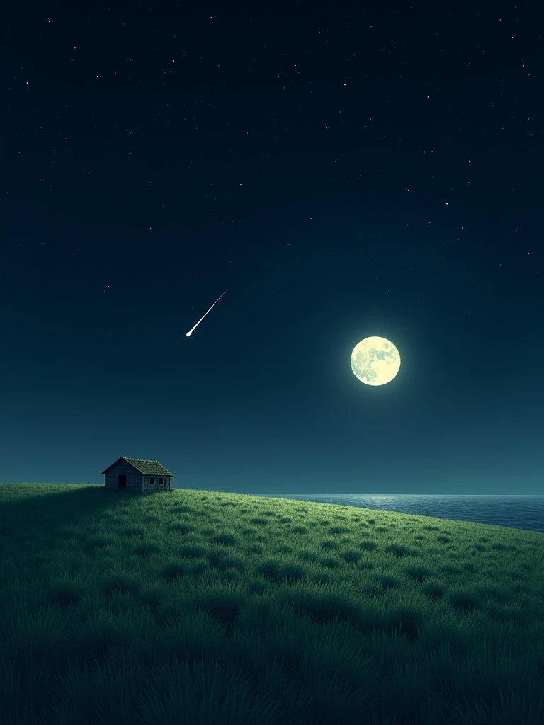 Full moon, shooting star, telescope, small stargazing hut, shining grassland