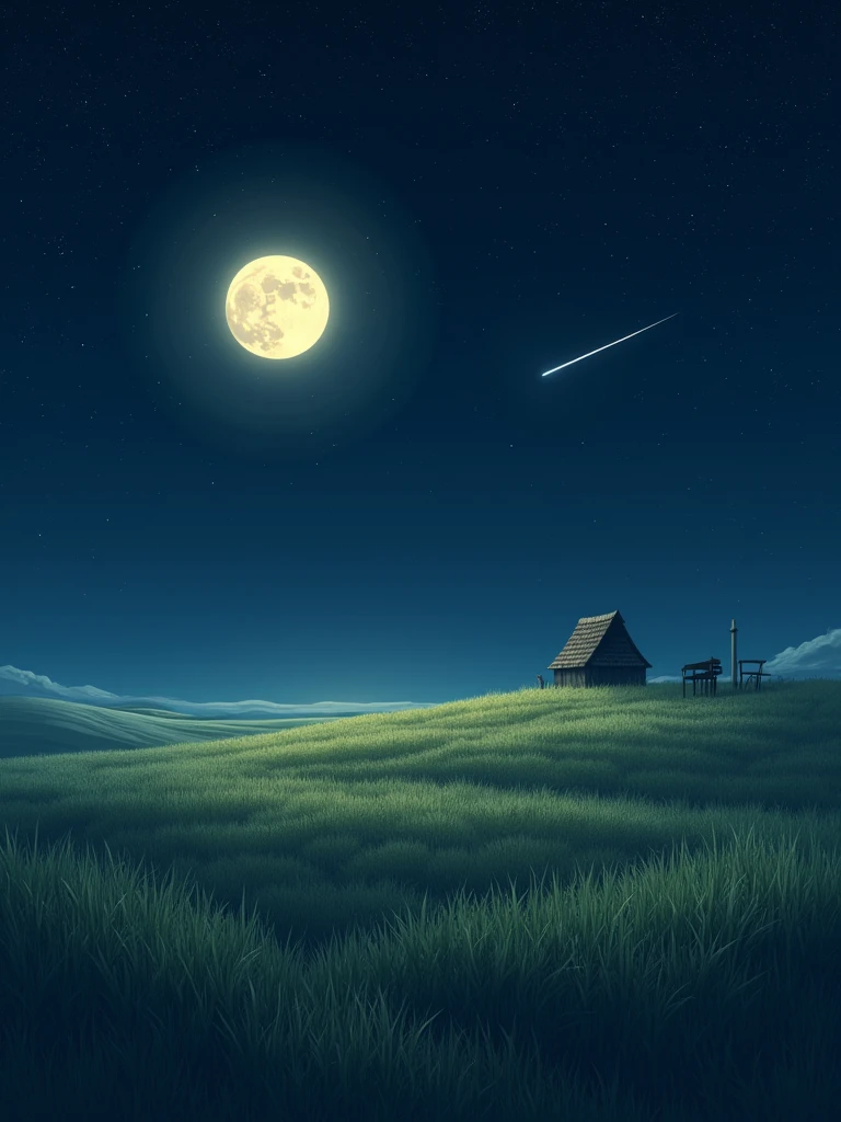 Full moon, shooting star, telescope, small stargazing hut, shining grassland