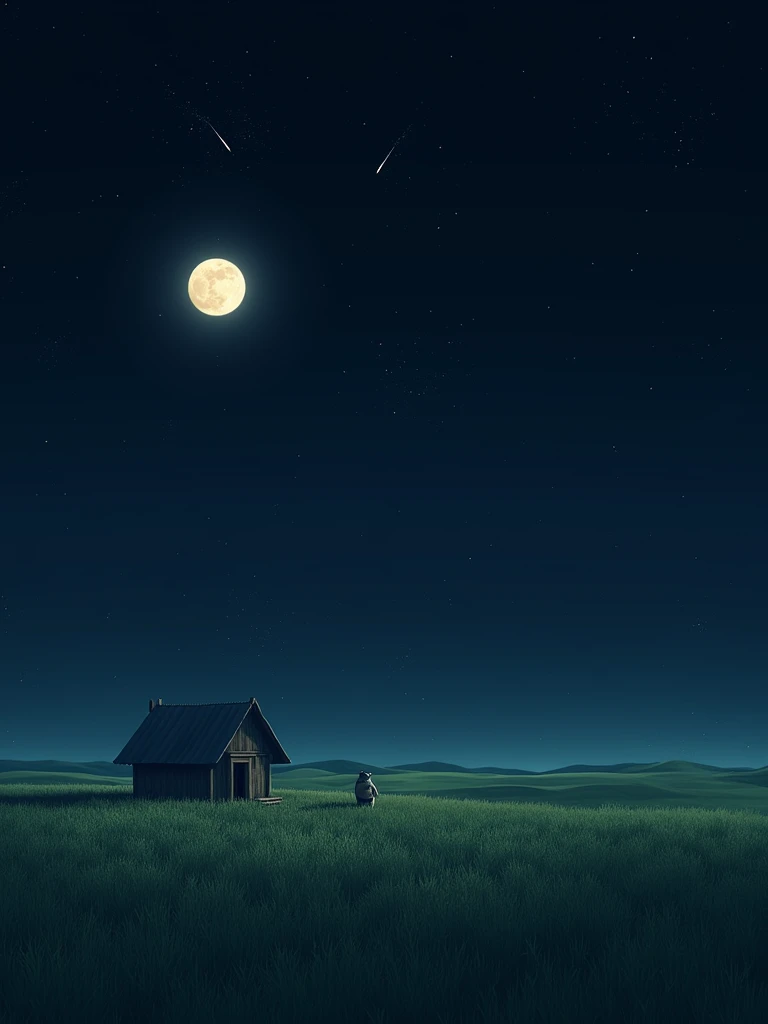 Full moon, shooting star, telescope, small stargazing hut, shining grassland