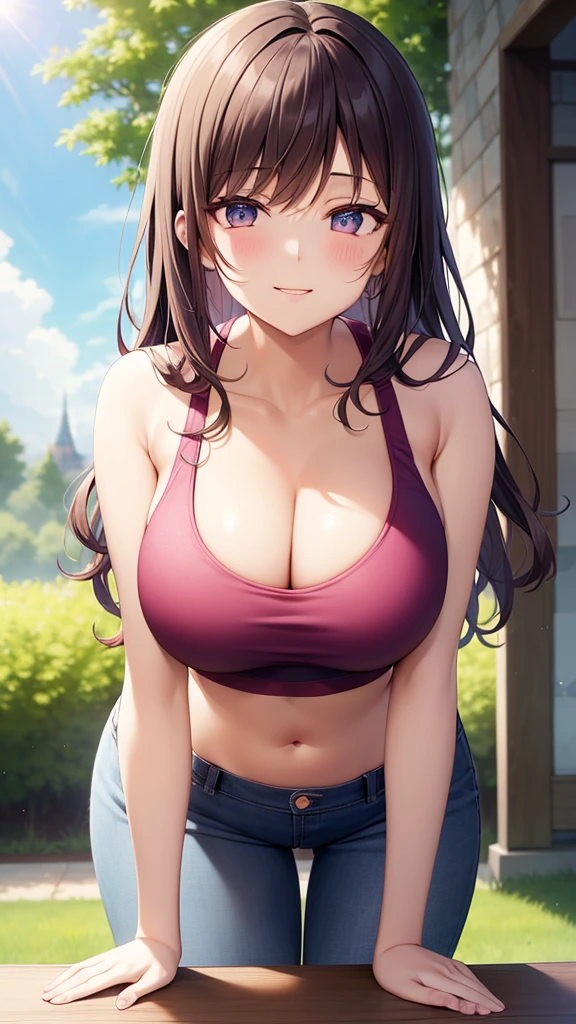 masterpiece, best quality, high detail, beautiful woman, solo focus, long wavy hair, dark pink purple hair, large bust, cleavage, (sports bra), black maxi denim pencil skirt, ((long skirt)), midriff, navel, wide hips, looking at viewer, leaning forward, lower body, full-face blush, smile, garden, summer, cloudy sky, sun,