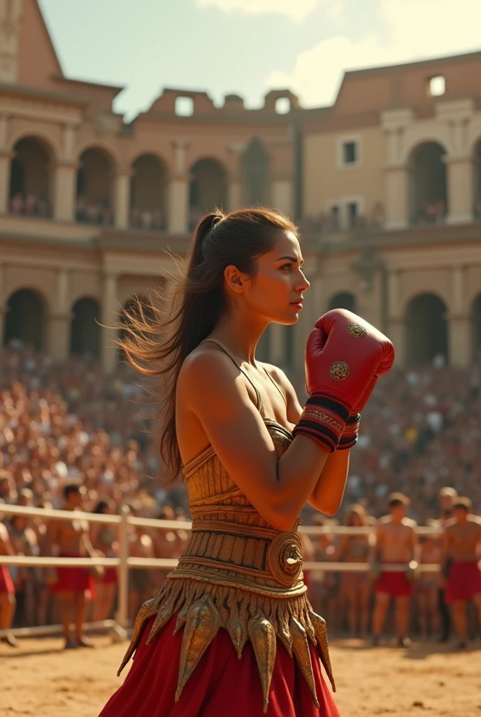 **give**: Women's Boxing, Rendered in highly detailed 4K, Experience some intense moments at the Greek Colosseum. When she shakes her fist, Her radiant skin and fine features stand out.. The background is vivid with strong sunlight, Showcase a Colosseum packed with spectators.　Ultra-detailed,(Golden Armor:1.2),Leo Armor,