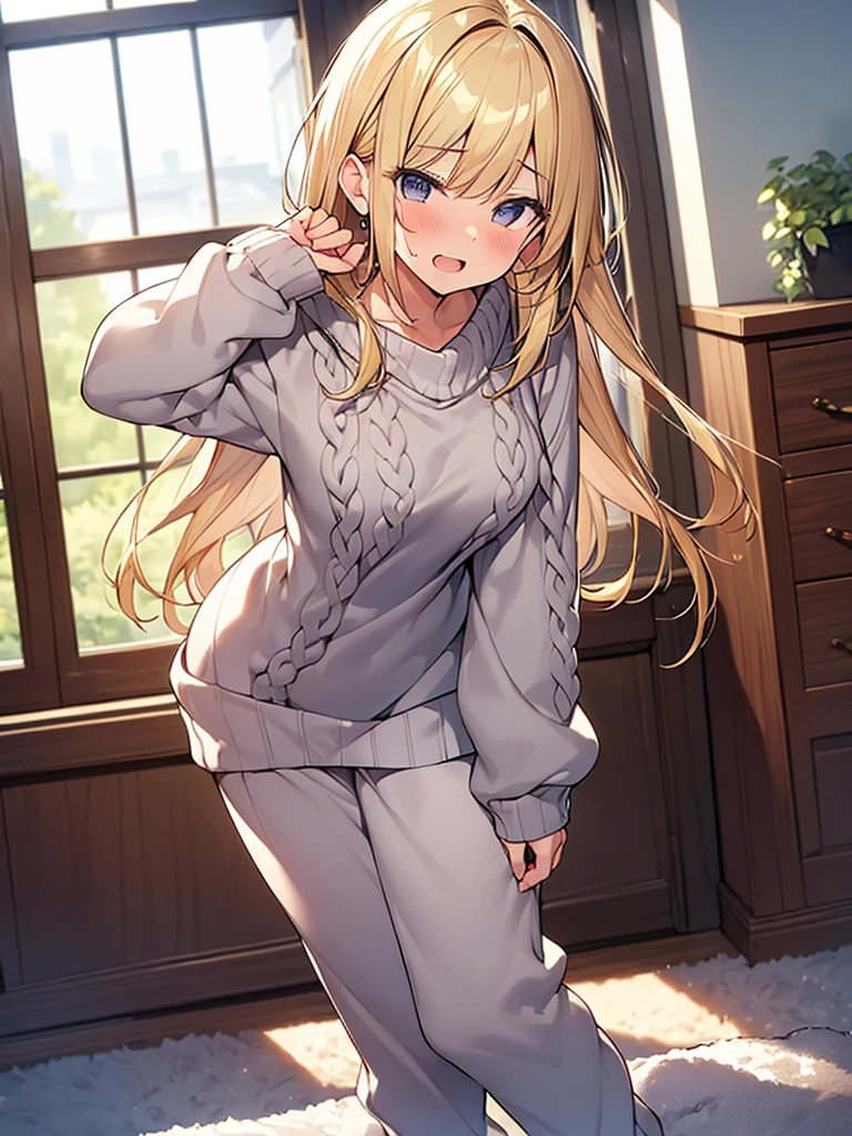 (Masterpiece, Top quality:1.5), full body, (1 beautiful girl, solo:1.2), (short height:1.3), (Cotton  Pajama Set with Fuzzy  Slippers1.3), Blonde hair:1.1, medium Hair, wavy Hair, asymmetry bangs, swept bangs, airy hair, large breasts:1.1, (sleepy-eyed:1.3), sleepy:1.2, beautiful scene of living room, magnificent panorama view, blurry background, open mouth, dynamic pose, dynamic angle