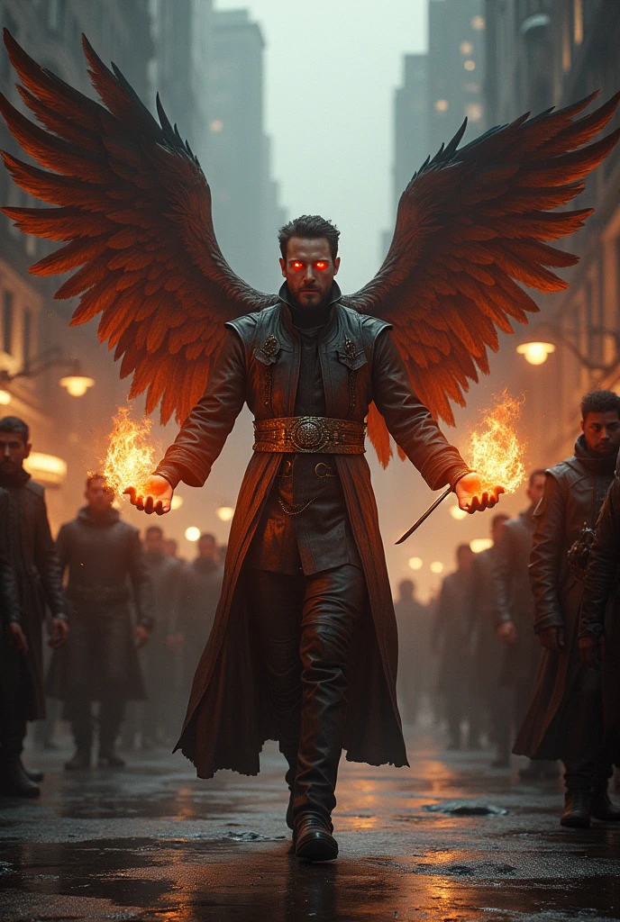 Man with seven wings, fire in hands, red eyes, sword, walking in crowd streed with dask and folk
