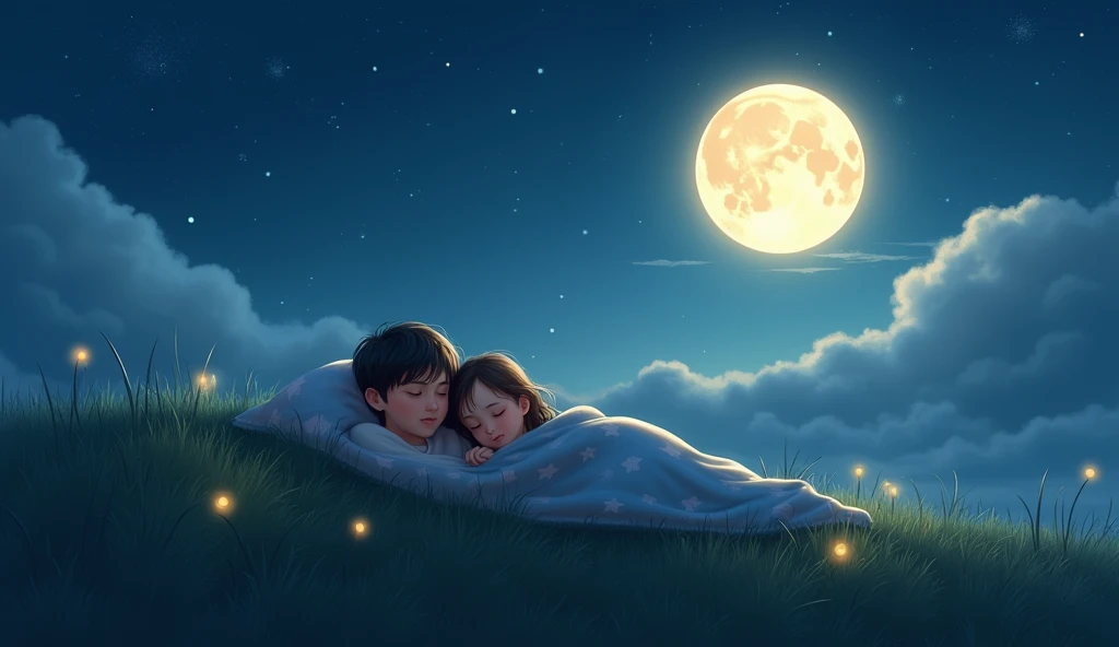 Create a serene nighttime scene where a peaceful family drifts to sleep under a large, glowing full moon. They are resting on a grassy hill, surrounded by soft, luminous clouds that gently hug the horizon. The moonlight casts a gentle, silvery glow over the landscape, illuminating the calm faces of the family as they lay beneath a cozy, star-patterned blanket. The sky above is dotted with twinkling stars, and a few fireflies hover nearby, adding a touch of magic to the tranquil setting. The overall mood should be calm, soothing, and dreamlike.