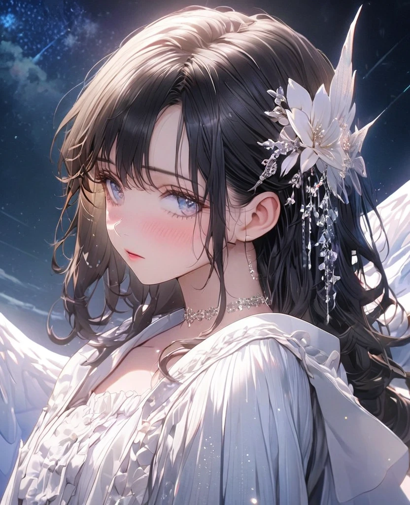 8k,Ephemeral beauty，Very delicate and beautiful,Beautiful and realistic skin,Hair that shines like a jewel,Black Hair、Long and beautiful hair,Beautiful Eyes,good,Beautiful night sky、shy、white, Ruffled adult clothes、
No hair accessories
