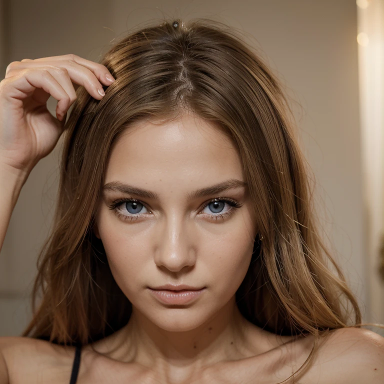 Jeune femme, cheveux longs et blonds, yeux bleus clairs, longs cils, yeux en amande, lèvres pleines, peau lisse et éclatante, expression douce, vue de face, ultra-réaliste, haute résolution, détails précis de la peau, des yeux et des cheveux, prise avec une caméra haute définition, objectif de 85mm pour un effet de portrait, éclairage naturel doux, mise au point précise sur le visage, fond flou pour accentuer le sujet