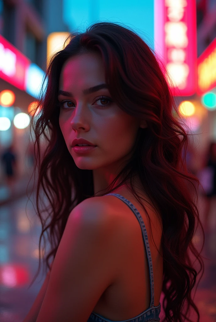 Hyper realistic Professional full body portrait, (1 girl:1.1) an incredibly beautiful, bright, long dark haired young woman,, Long curly hair, hyper detailed and perfect, detailed eyes, perfect face, dark makeup ultra detailed, extemly detailed and perfect face, face, neon background with cinematic photo,, Neon lights, sunset, reflective puddles, science fiction, 85mm photography, film, bokeh, Professional, 4k, highly detailed