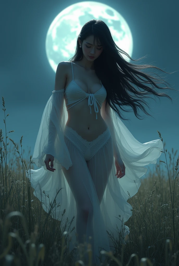 Japanese women、grassland、night、full moon、The wind is blowing strongly、goddess、White camisole、Large Breasts、Nipples、pussy,20-year-old、Sexy pose、pubic hair