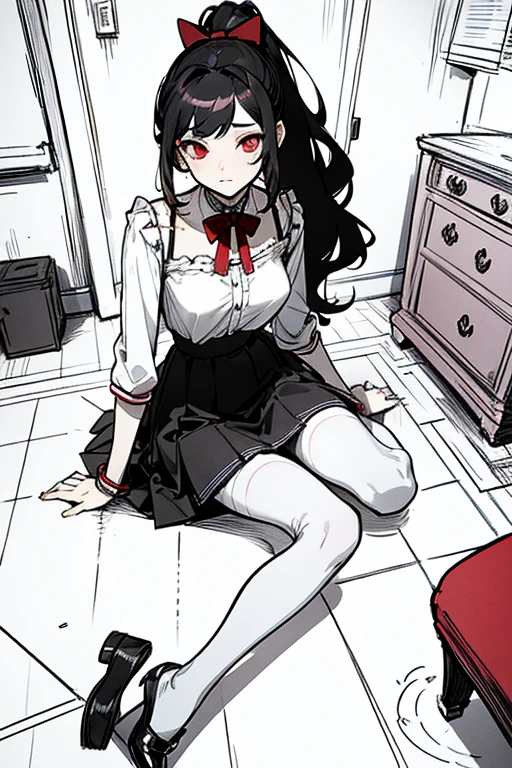 using pantimedies, wavy black hair, piercing look with deep red eyes, average stature, Silky hair with a ponytail hairstyle collected with a red bow with two white lines, with clothes, has a vagina, has breasts, cup of breasts, small breasts, slim, foreground, Session, sitting in her room, sitting on the floor of her room, wearing pantyhose, using pantimedies, Picardias, short skirt, shoes, blouse with straps 