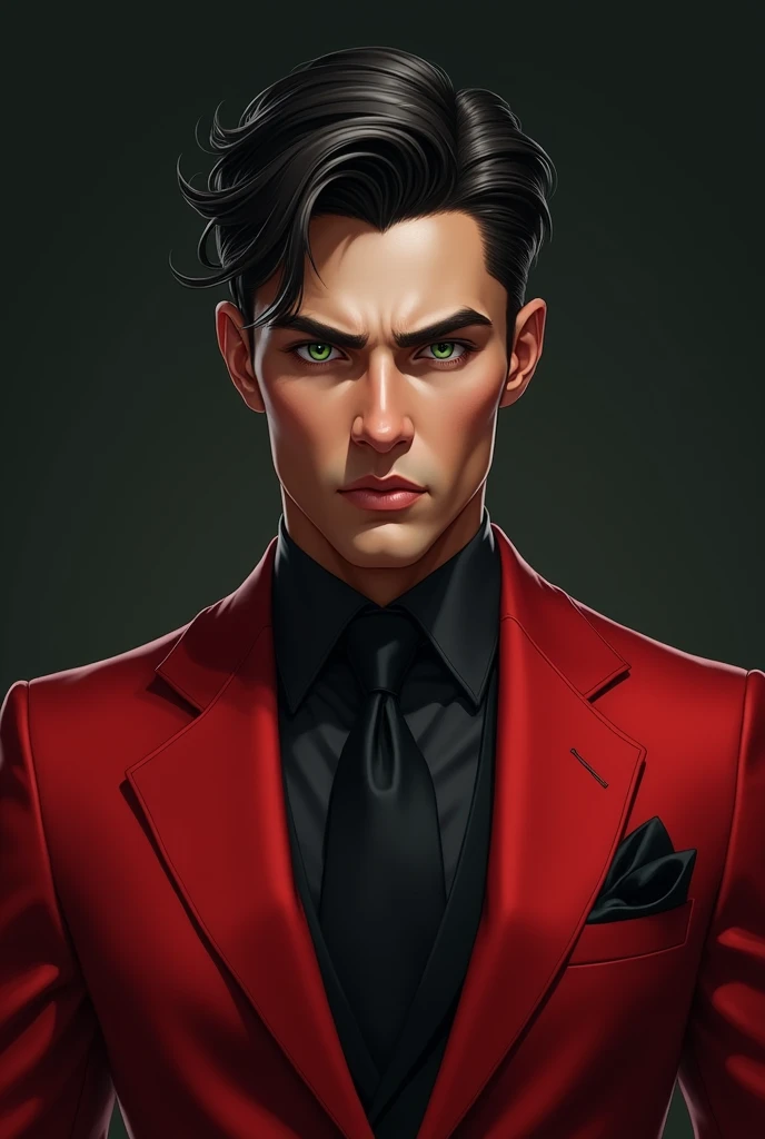 lawyer man, BOLD RED AND BLACK SUIT. EYE COLOR MIRRORED BLACK LIKE JABUTICABRAS, SLIGHTLY GREENISH HETEROCROMIA IN THE LEFT EYE IN THE CORNER OF THE IRIS. MOST BEAUTIFUL FACE IN THE MULTVERSE. ABSOLUTELY CHARMING AND STRONG MAN