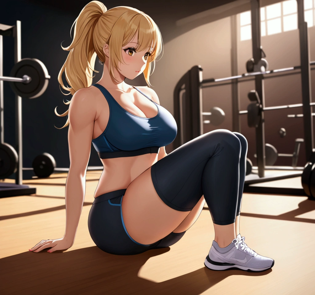 1girl, blonde, ponytail style hair, round firm ass, tight shorts, gym bra, E-cup breast, Thick thighs, slim