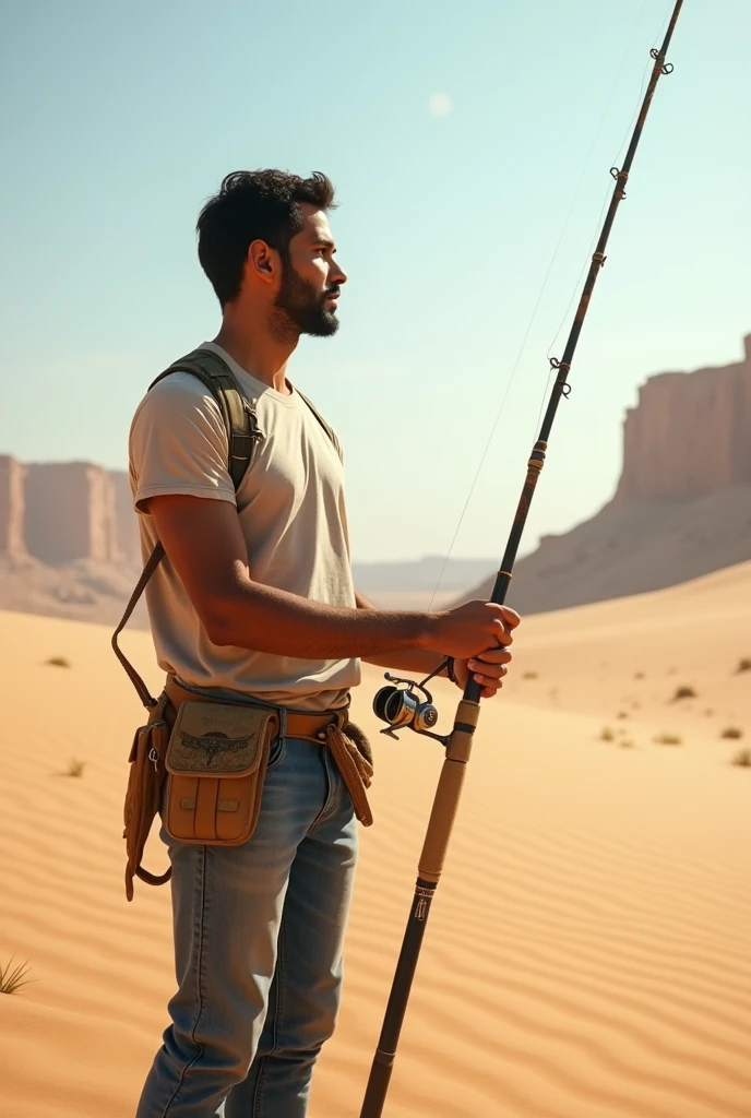 (photorealism:1.2), young middle eastern fisherman, standing in the middle of al Ula desert, wearing arm sun protector a T-shirt and a jeans, holding a fishing rod with spinning reel, looking up, smiling but wondering and thinking, side view shot, sun lighting, Al Ula monuments in background, realistic, intricate details
