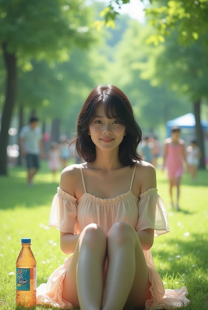 High resolution、Very detailed、「bright summer day、A 20-year-old Japanese woman with slightly wavy hair, Straight black hair、Sit in one&#39;大きなwood陰の下の膝。Wearing a light summer dress、Drinking from a plastic bottle with one hand。The woman&#39;s body is facing this way.、Is it because I&#39;m sitting with my knees up?、A little underwear is visible。Looking at the camera and smiling。wood々The sunlight passing through、Casting light and shadow on women.。Children play in the surrounding park.、Leaves fluttering in the wind。Dynamic and peaceful scene、It captures the essence of a perfect summer afternoon..。50mm lens for SLR cameras、1 1 1.8 in、Exciting、Cinematic、strong、artistic、Attractive photography、The photo captures a woman&#39;A soft style for the whole body.」
