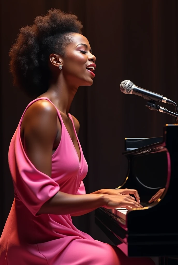 jazz Singing expressively while playing the piano、Close-up of a black female musician wearing a pink dress