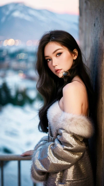 cute girl in fur coat standing on cliff, detailed face, big eyes, full lips, smokey eye makeup, moody lighting, shallow depth of field, bokeh, 4k, high resolution, by (James C. Christensen:1.2|Jeremy Lipking:1.1)
