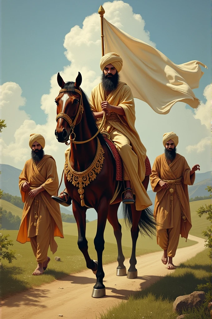 A Sikh saint is riding a horse. Another Sikh is walking ahead of his horse carrying a white flag. Another Sikh is walking humbly behind the horse