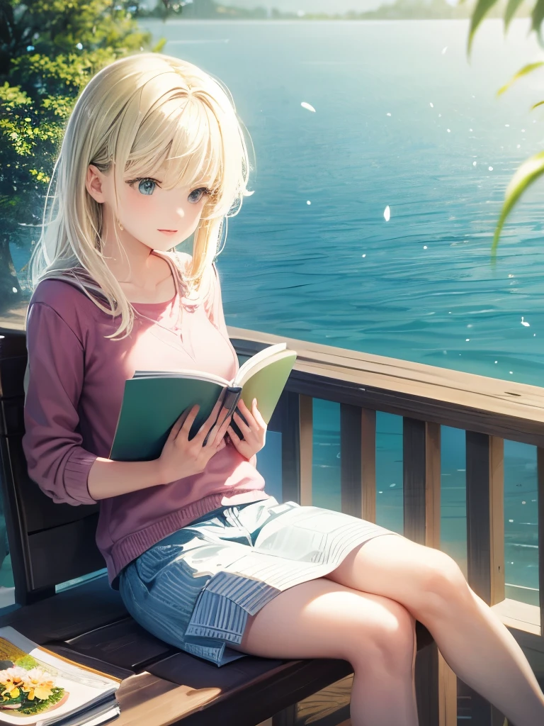 Girl reading a book by the lake,Beautiful Girl, Bright colors, spring, comfortable, Warm sunshine, Soft Effect, 