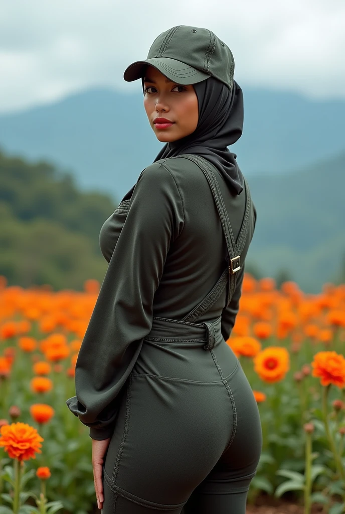 full-body portrait photograph of a young java woman hijab with polo Cap, wearing pinafore tight-fitting , hotpant with leggings, oversized_breasts.", she is hiking, beautiful_breasts. sensual body, in a unique, photoshot model, ((In front of flowers in top of mountais)), pullover, highres, 4k, HDR, 1girl, photorealistic, realistic, big booobs, turning away facial at viewer, closeup