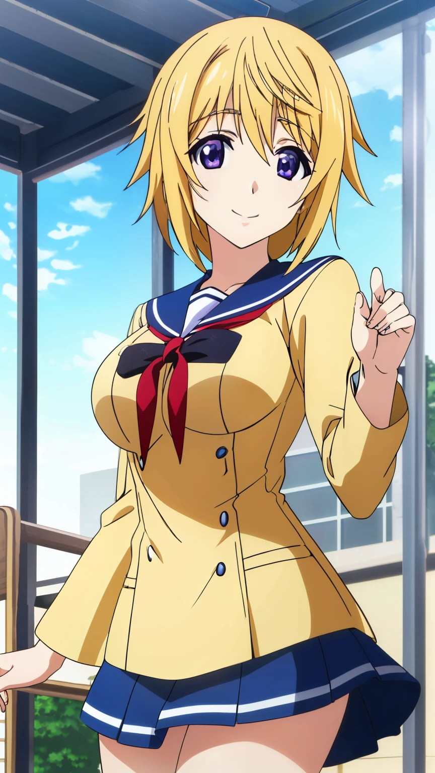 (masterpiece, best quality, high resolution, 8k:1.2), anime coloring, unity 8k wallpaper, (beautiful detailed eyes:1.2), highly detailed face, perfect lighting, highly detailed CG, (perfect hands, perfect anatomy), charlotte dunois, charlotte dunois, short hair, blonde, (purple eyes:1.1), Glamour, (large medium breasts:1.3), (Sailor uniform, miniskirt, school, playground), smiling),
looking at the viewer, (cowboy shot:1.5), dutch angle,