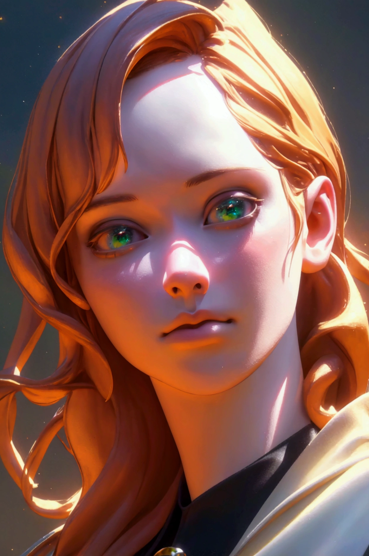 girl in a starry night sky background, redhead, green eyes, pale skin, thoughtful expression, detailed portrait, high quality digital art, cinematic lighting, dramatic colors, fantasy, surreal, magical realism, ultra-detailed, (best quality,4k,8k,highres,masterpiece:1.2),ultra-detailed,(realistic,photorealistic,photo-realistic:1.37) Uniforme escolar negro