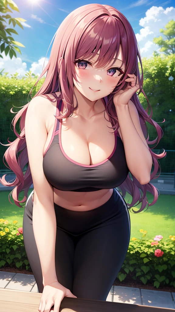 masterpiece, best quality, high detail, beautiful woman, solo focus, long wavy hair, dark pink purple hair, large bust, cleavage, (sports bra), black maxi pencil skirt, ((long skirt)), midriff, navel, wide hips, looking at viewer, leaning forward, lower body, full-face blush, smile, garden, summer, cloudy sky, sun,