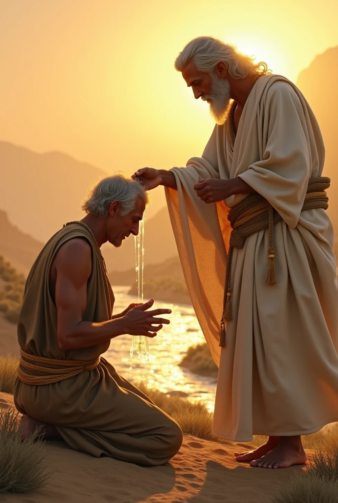 create an image of a 40 year old man, dressed in a tunic, on his knees in the desert, arms open, head bowed and at his side a man standing dressed in white linen, with a wide golden belt, similar to Jesus, his face shines like the midday sun, his feet look like bronze, his hair is white like wool, he is pouring oil with his hands on the head of the kneeling man, prophet's anointing oil, the sun shining on the horizon, and a small river run to the bottom, image realistic, image in hd,