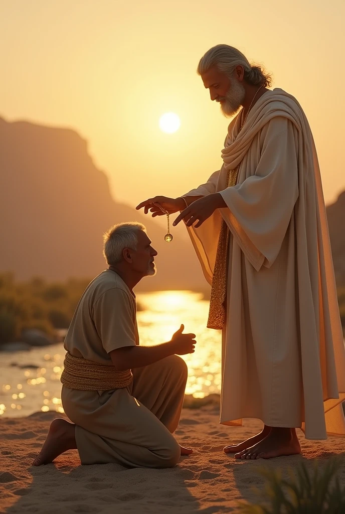 create an image of a 40 year old man, dressed in a tunic, on his knees in the desert, arms open, head bowed and at his side a man standing dressed in white linen, with a wide golden belt, similar to Jesus, his face shines like the midday sun, his feet look like bronze, his hair is white like wool, he is pouring oil with his hands on the head of the kneeling man, prophet's anointing oil, the sun shining on the horizon, and a small river run to the bottom, image realistic, image in hd, 
