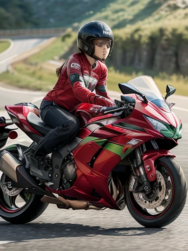 motorcycle, riding (kawasaki super sport motorcycle), semi long, (red t-shirt), (silk shorts), Japanese, on the road, with a mountain, full body shot, low angle shot, (motion blur:1.4)