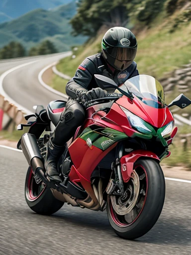 motorcycle, riding (kawasaki super sport motorcycle), semi long, (red t-shirt), (silk shorts), Japanese, on the road, with a mountain, full body shot, low angle shot, (motion blur:1.4)
