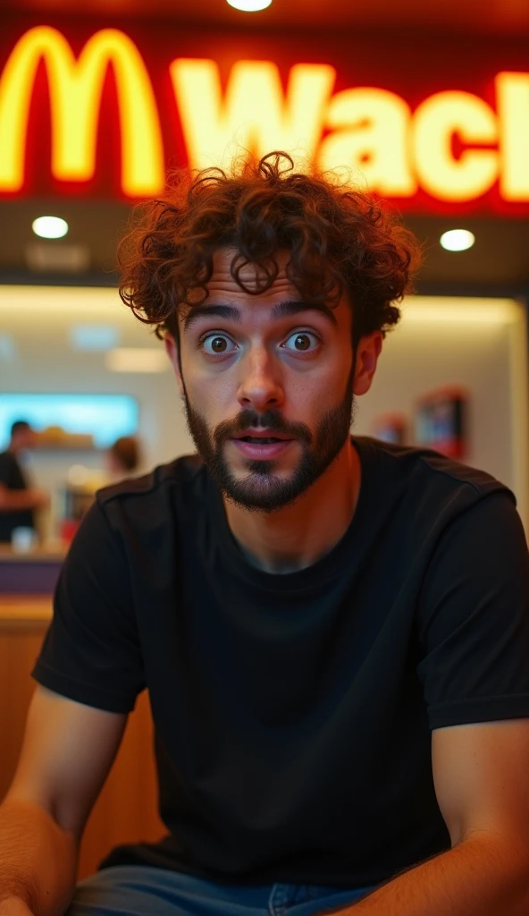 A highly realistic, high-contrast, 8K HD, detailed, hyper-detailed image of a fast-food restaurant commercial for "Wack," with a logo similar to McDonald's but featuring a "W." The scene focuses on a young man with curly hair and a beard, wearing a black T-shirt, sitting in a chair and looking directly at the camera with an expression of surprise and curiosity. The man’s facial expression, as depicted in the provided image, is emphasized. The setting is a modern fast-food restaurant with warm orange lighting, creating a cozy and dynamic atmosphere. The image is ultra-high resolution, with RAW photo quality, capturing every detail precisely. The background prominently features the "Wack" brand logo.