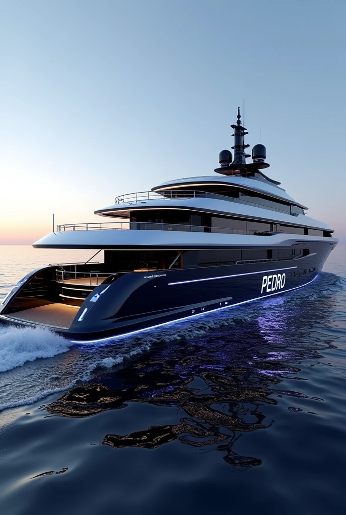 A super yacht in black,navy blue and white having the world Pedro in big letters LED lighting