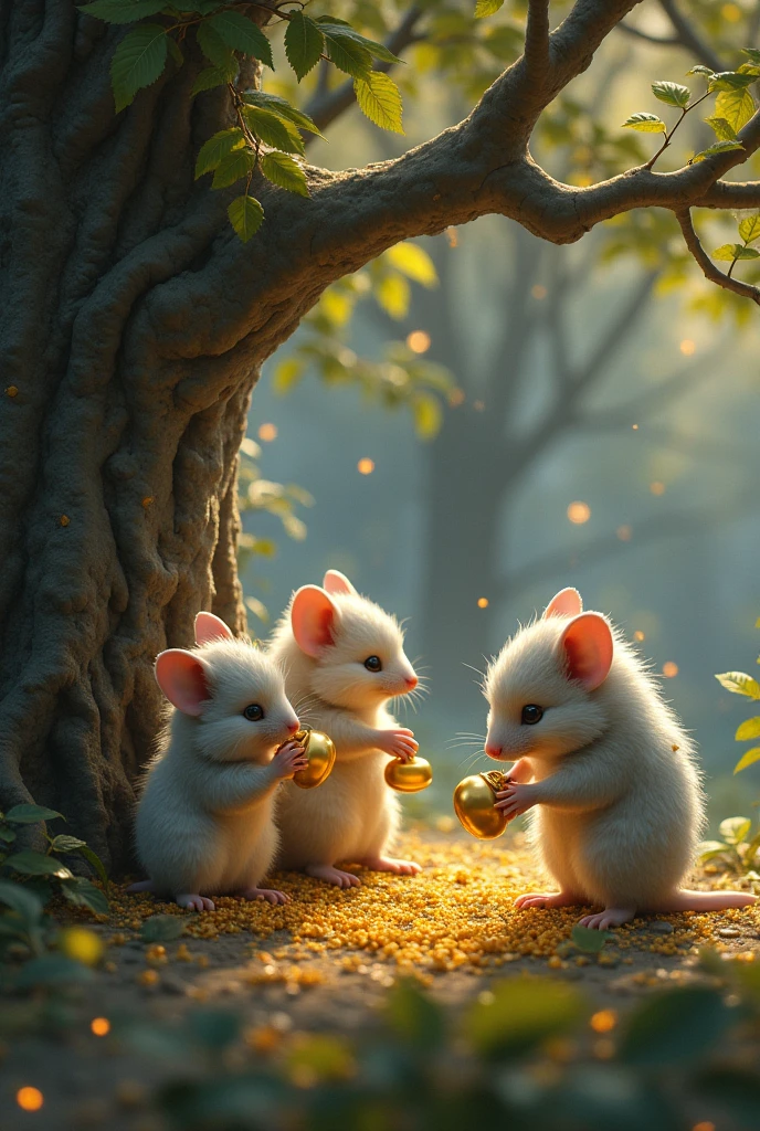 realism, realism, Close up of cute little fireflies around a giant oak tree, In the foreground, they are collecting bells., The buds shine, Light up the bush, Detailed painting, society, Detailed painting, artstation hd, Attention to detail, society, 写真realism, Concept Art, artstation hd, Official art, Bokeh , ,Little Gremlins, Mole-like, Big Ears, Small tail, elongated nose,, Fluffy, Silver fur, Silver Wool, Wearing a caftan, early morning, I stand at the base of the tree、Catching the glistening dewdrops on the bell buds