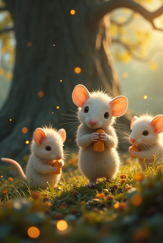 realism, realism, Close up of cute little fireflies around a giant oak tree, In the foreground, they are collecting bells., The buds shine, Light up the bush, Detailed painting, society, Detailed painting, artstation hd, Attention to detail, society, 写真realism, Concept Art, artstation hd, Official art, Bokeh , ,Little Gremlins, Mole-like, Big Ears, Small tail, elongated nose,, Fluffy, Silver fur, Silver Wool, Wearing a caftan, early morning, I stand at the base of the tree、Catching the glistening dewdrops on the bell buds