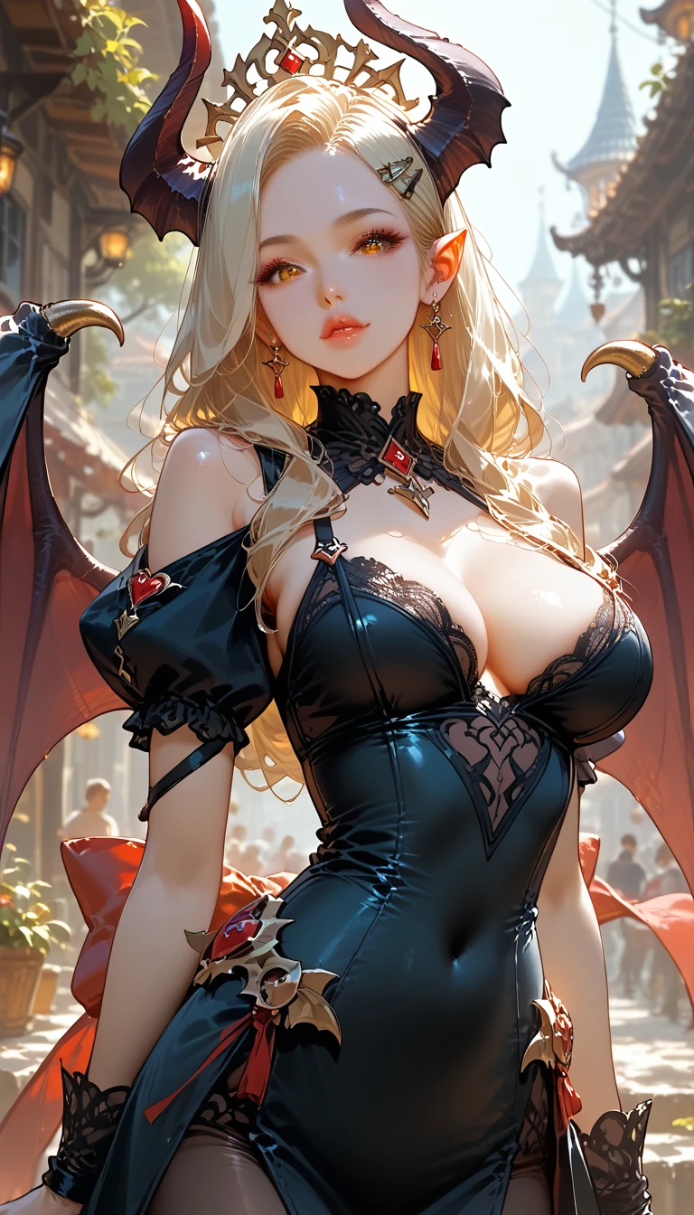 score_9, score_8_up,score_7_up,masterpiece, best quality, perfect anatomy, very aesthetic, official art, 8k,1girl, eyelashes,lips gloss,demon_girl,demon_wings,large_breasts, hairclip, fantasy clothes,unique and complex clothes, night town