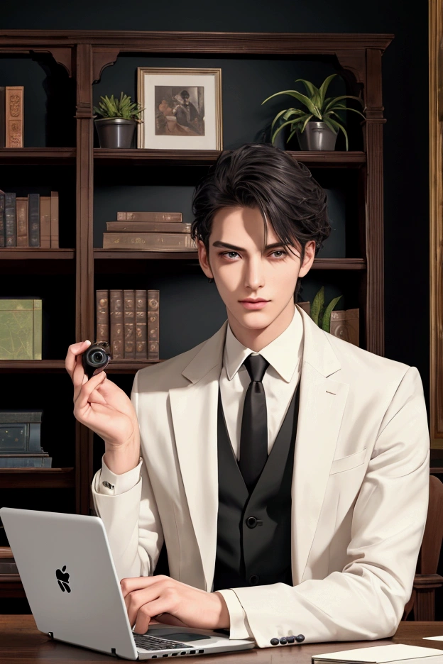 (pose))), (photorealistic photo: 1.3), rim luzing, (high detailed leather:1.2), 8k hd, DSLR, high quality, High resolution, 4k, 8k, bokeh, absurd, (real:1.3), (((Detail on face))), (((body details))), (detail in clothing))), ((detalle en bottom))), ((semi realistic anime)) 
character: Tall Man, good physique, fit, attractive, the most beautiful man, Without beard, long black hair, White skin, grayish green eyes, young adult. 
CLOTHES; White coat, black vest, White shirt, Black pants. 
bottom: Psychiatric hospital, Psychiatrist&#39;s Office (black wood desk, laptop, plants, cream walls, shelf with books, paintings. peace, calm) 
pose: safe, confident, fun, en calm. 