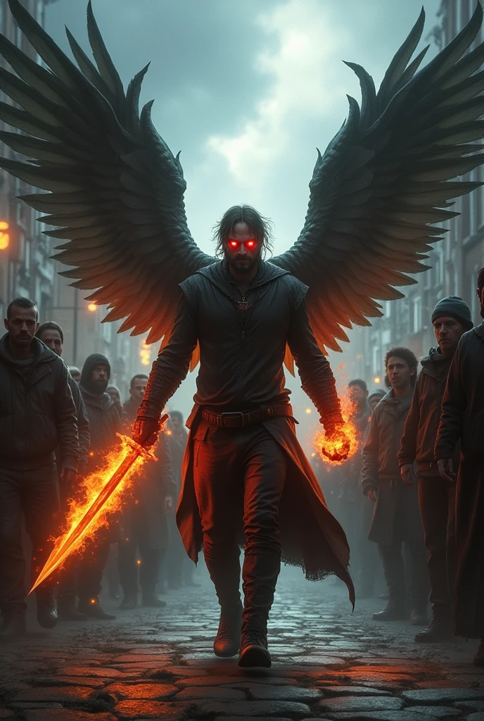 Man with seven wings, fire in hands, red eyes, sword, walking in crowd streed with dask and folk with angry 