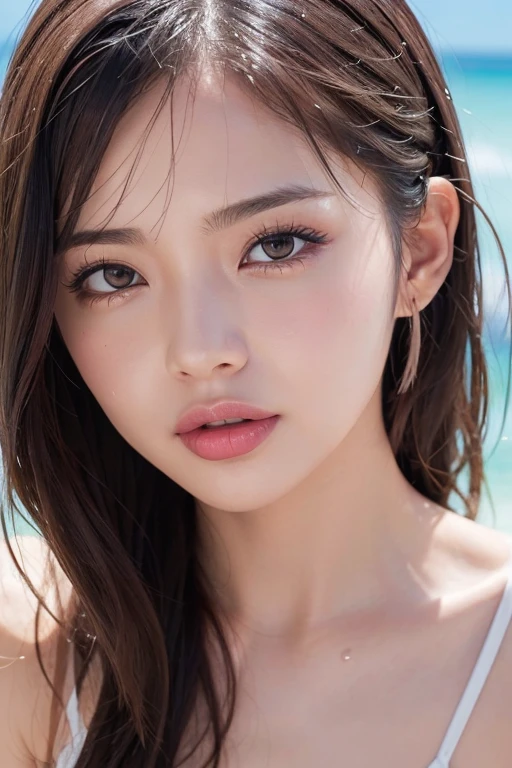 (Best quality, 8k, 32k, Masterpiece, UHD:1.2),Photo of Pretty Japanese woman, 1girl, (large breasts), (tall female), (fit figure), (abs), (lips), (medium-short dark brown hair), double eyelid, wet skin, realistic ray light, beach