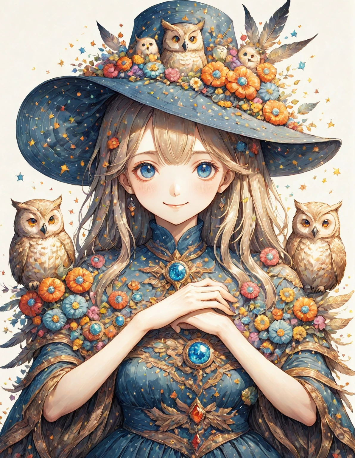 Highest quality、High resolution、(Beautiful face in every detail:1.4)、(Draw a picture to fit on the canvas:1.5)、Carefully draw your hands、Delicate hands、Elaborate hands、Anatomically correct、(Normal number of fingers:1.2)、(Highly detailed face)、Detailed eyes、大people、20Age、Perfect body line、Stand in the center、so beautiful、 (((Blank Background:1.5, No background:1.5, Background white:1.5)))、1people、(Upper Body:2.0)、woman、(smile:1.5)、Halloween、witch、The hat is very small、(deep blue:2.0)、(Medium-long straight hair:2.0)、(witchの帽子:1.5)、(owl1羽:2.0)、(1羽のとても大きいowl:1.5)、(owl1Being with the feathers:1.5)、(owlはwomanの体の手か前腕にとまってる:1.5)、(The hat only has flowers on it:2.0)、There are lots of flowers on the hat、Unexposed clothing、(リアルなowl:1.5)、まるで写真のようなowl、Change the design of the clothes、(Victorian dress:1.5)、Robe、Do a different pose、Blue clothes、(There is a big jewel on the hat:2.0)、Remove extra fingers、胸元にowlが止まっている、owl消さないで、(Arms crossed:1.5)、Change the design of the jewel on the hat、