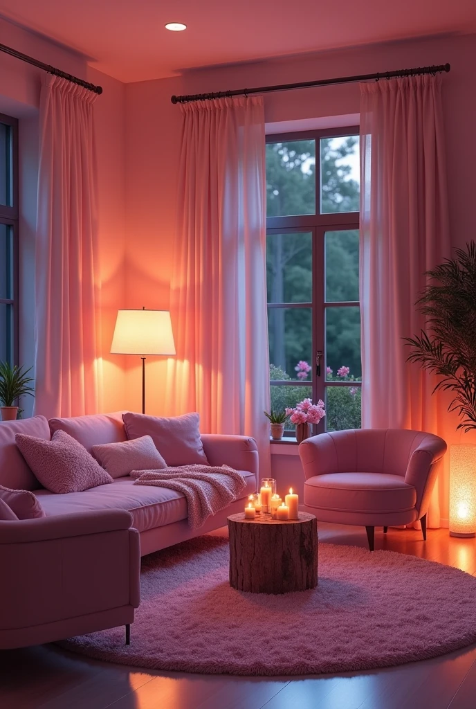 Pink living room , at night