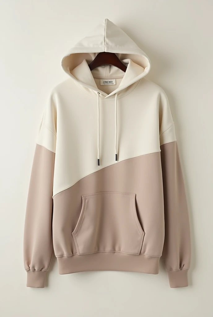 Create an image of a hoodie with neutral colors that match, with one color overlapping the other in a boxy fit style.