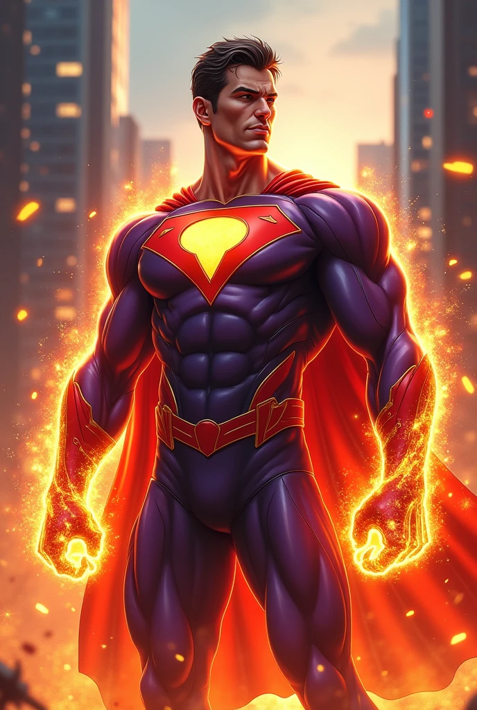 Create a male superhero with fire powers and purple and red colors who embraces capitalism 